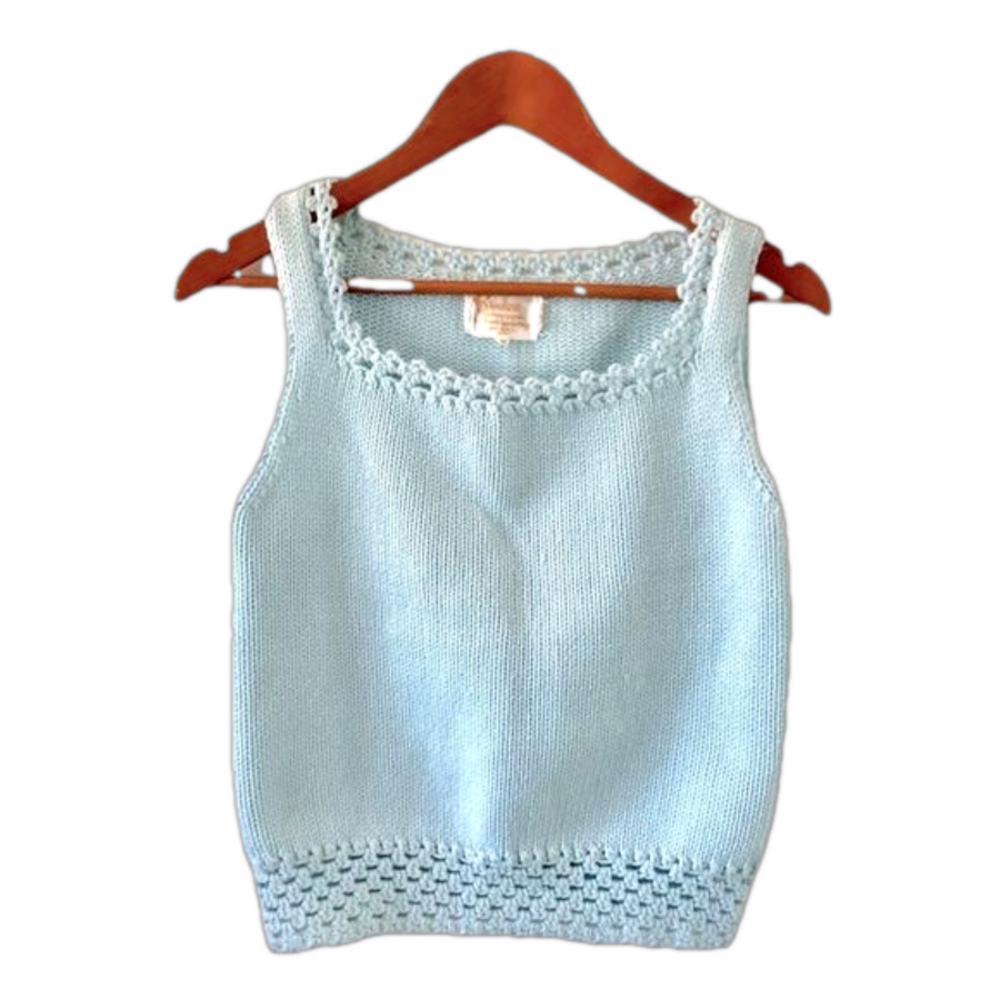 Vintage cottagecore cropped sweater tank blue crochet trim size 38 by Broadway